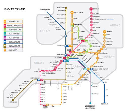 Kuala Lumpur LRT KTM en Monorail kaart